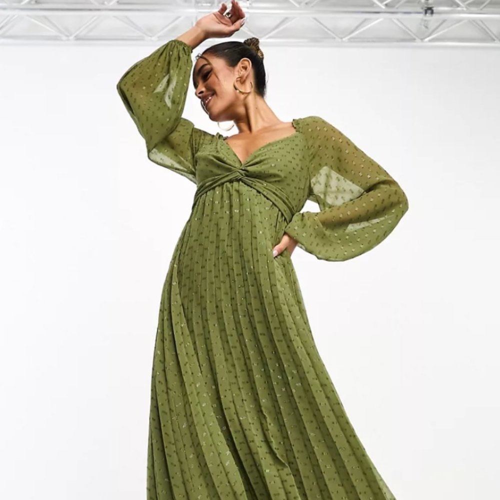 ASOS DESIGN twist front long sleeve metallic textured chiffon midi dress olive